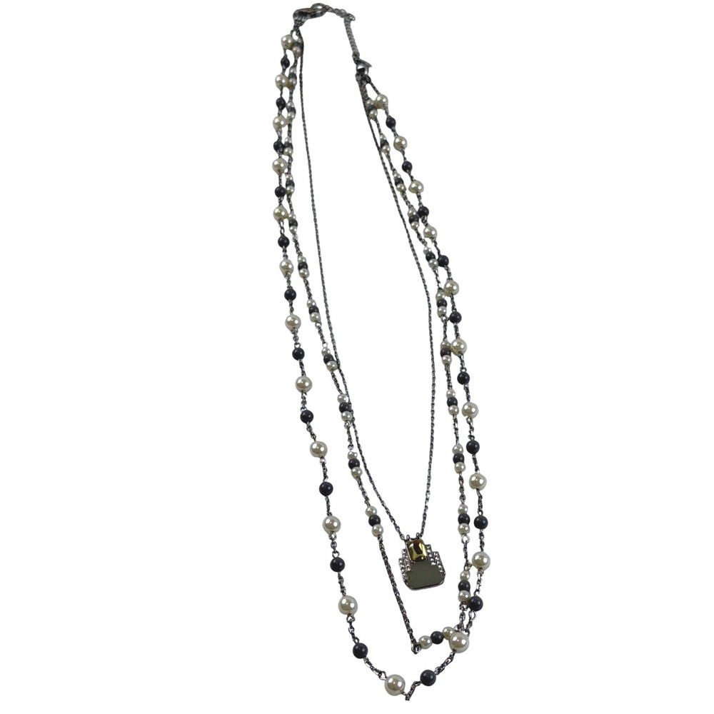 Lia Sophia Silver Tone Faux Pearl Layered Pendant Necklace Crystal Accents EUC